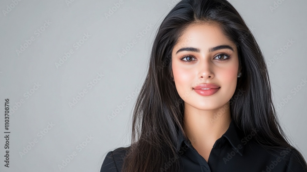 Headshot of a beautiful Indian woman with long hair, wearing a black shirt. Headshot of a beautiful Indian woman with long hair, wearing a black shirt.