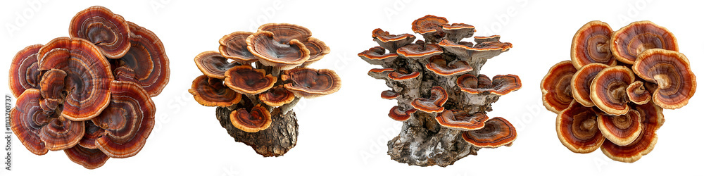 Set of Ganoderma lucidum with brown and red caps, isolated on a transparent background. Set of Ganoderma lucidum with brown and red caps, isolated on a transparent background.