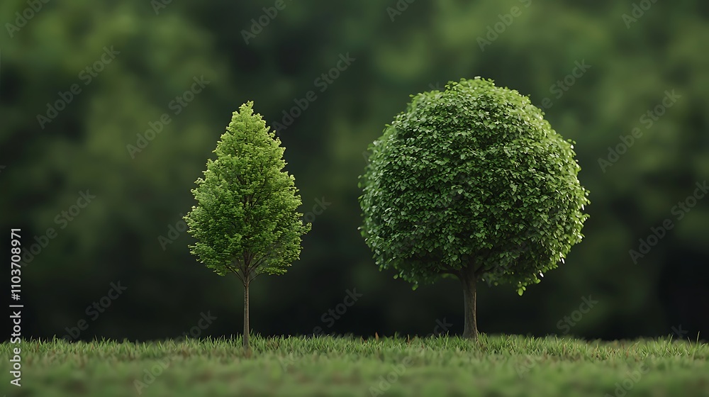 two trees standing in a forest, one tree is small with thin branches and the other one is big with strong branches, realistic. 