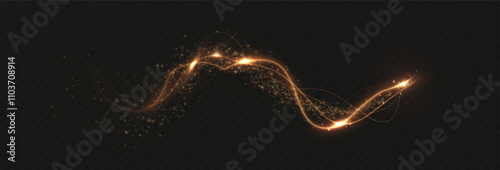 Gold curved light line, rope, spiral, tape. Smooth festive gold line png with light effects. Light golden Twirl png. Curve light effect of golden line.	
