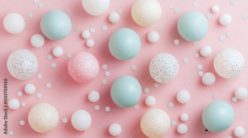 Colorful pastel balloons with white confetti on a soft pink background, artfully arranged in a flat lay style for a festive atmosphere. Colorful pastel balloons with white confetti on a soft pink background, artfully arranged in a flat lay style for a festive atmosphere.