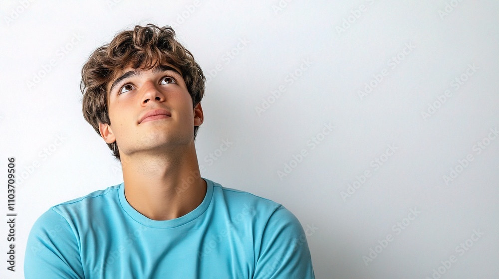 Thoughtful young man looking upwards with a serene expression Thoughtful young man looking upwards with a serene expression
