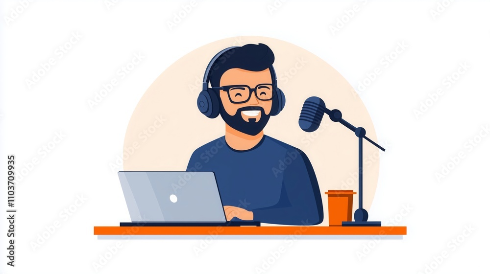 Guy is broadcasting live on radio while smiling