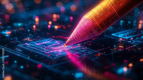 Glowing Neon Blueprint Sketch Visualizing Futuristic Digital Design Concept