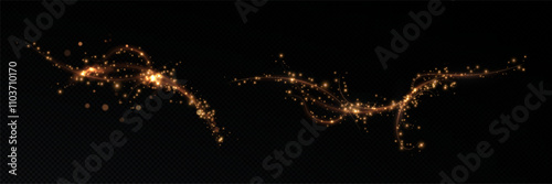 Golden comet png with sparkling stars and dust. Powder dust light PNG. Magic shining gold dust. Fine, shiny dust bokeh part	
