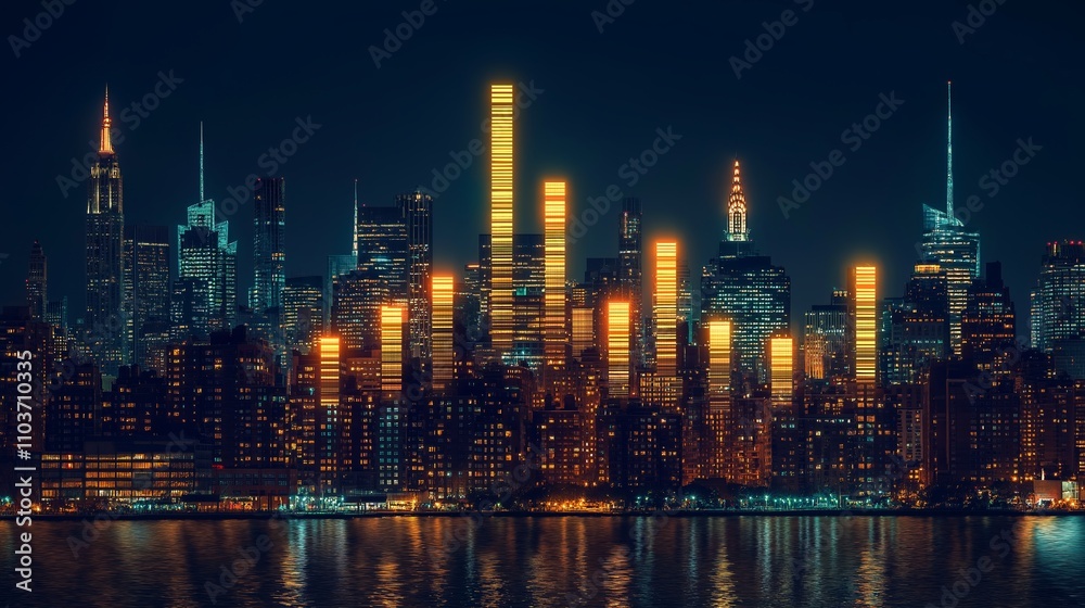 Fototapeta premium Urban skyline with financial growth graph at night under starry sky