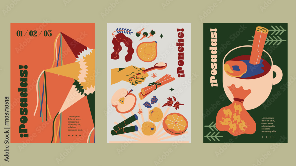 Set de templat de elementos mexicanos Ponche de Navidad, día de reyes, posadas navideñas, ponche y Año Nuevo. Ilustración vectorial para template, postcard, invitación, material de marketing.