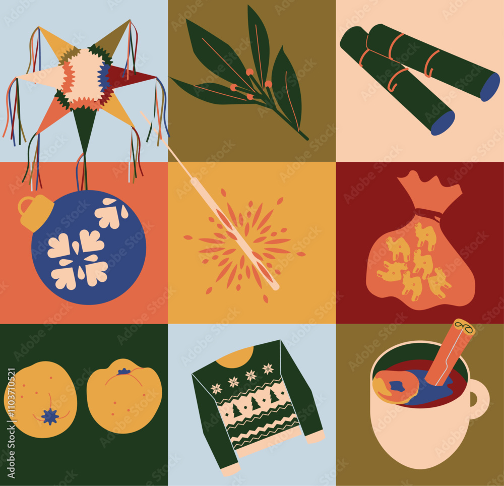 Set de iconos de elementos mexicanos de Navidad, día de reyes, posadas navideñas, ponche y Año Nuevo. Ilustración vectorial para diseño gráfico y web, banner de redes sociales, material de marketing.