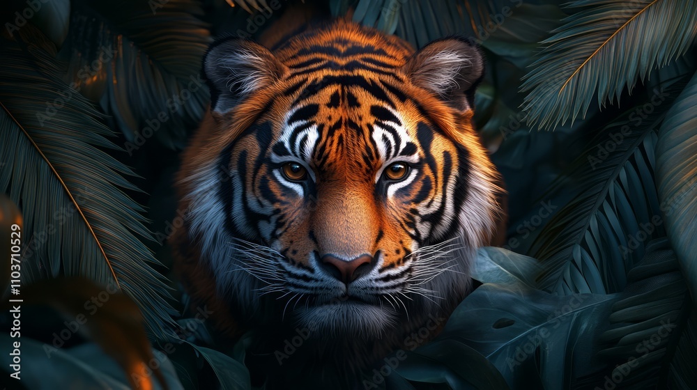 Majestic tiger's intense gaze amidst lush, tropical foliage. Majestic tiger's intense gaze amidst lush, tropical foliage.
