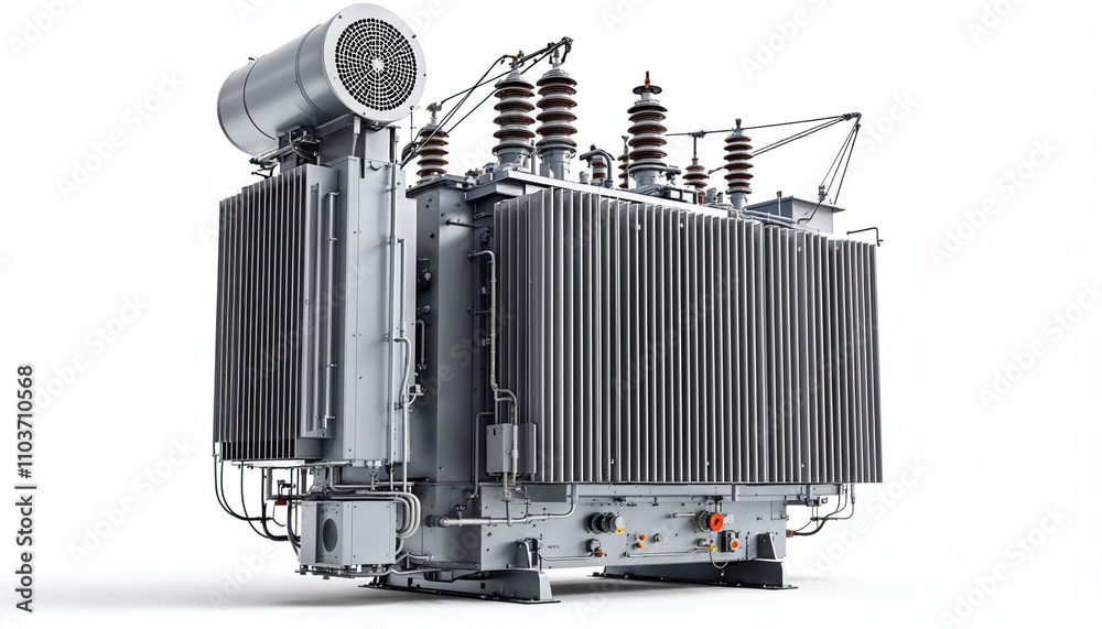 Fototapeta premium A large modern high voltage transformer, emphasizing its size and importance in power transmission.