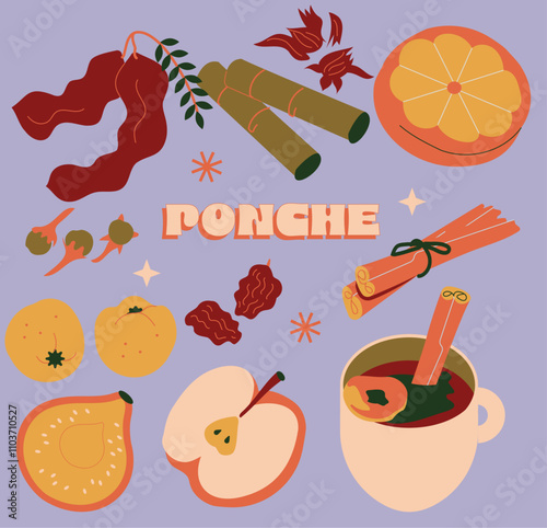 Set de iconos Ingredientes para Ponche Mexicano Tradicional Navidad, posada, Día de reyes y Año Nuevo. Ilustración vectorial para diseño gráfico y web, banner de redes sociales, material de marketing.