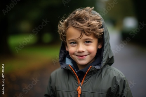 Portrait of a smiling little boy in a raincoat outdoors.