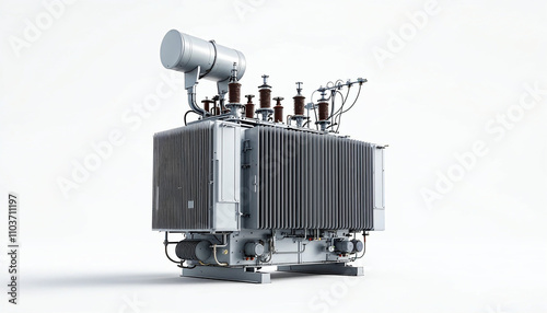 A large modern high voltage transformer, emphasizing its size and importance in power transmission.