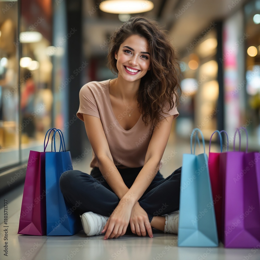 A woman sitting in a shopping mall with shopping bags of various colors next to her. Shopping concept A woman sitting in a shopping mall with shopping bags of various colors next to her. Shopping concept