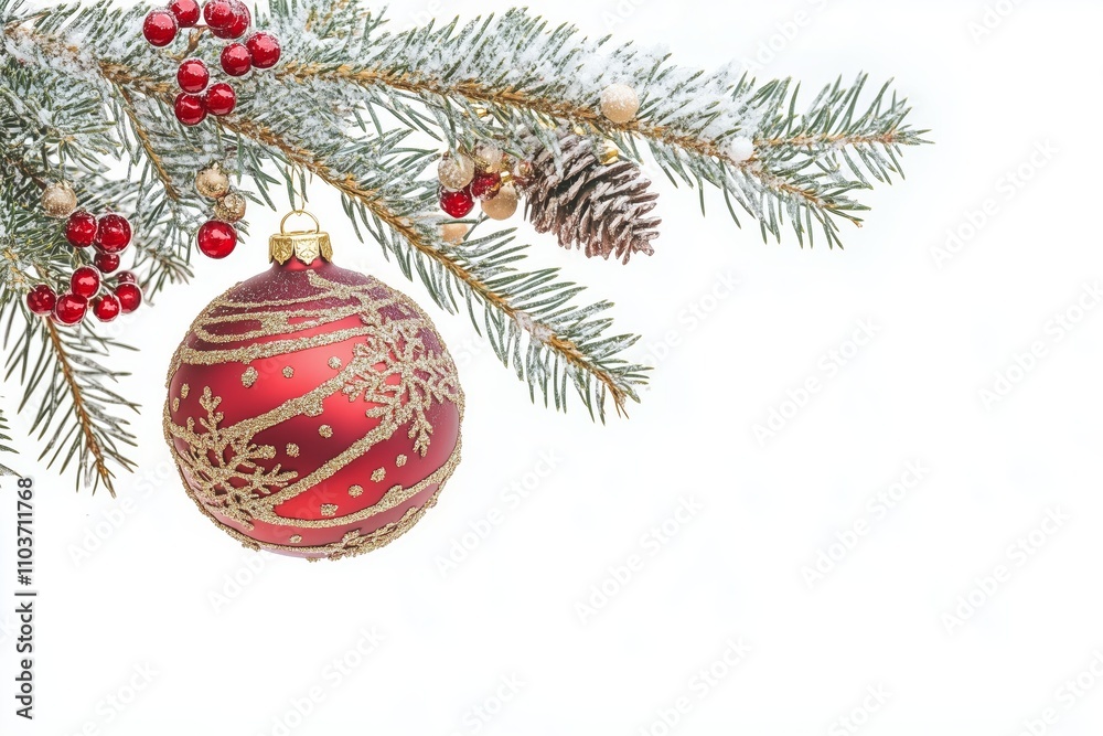 a beautifully decorated christmas bauble hanging on a fir branch over white background a beautifully decorated christmas bauble hanging on a fir branch over white background