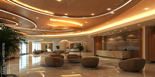 Corporate lobby with sleek, elegant ceiling design for a luxurious vibe.
