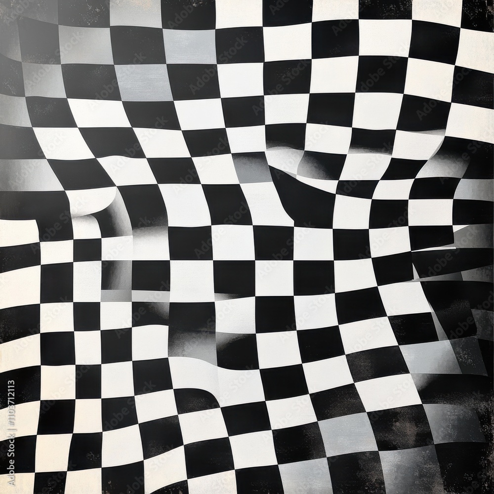 Fototapeta premium Abstract pattern of black and white checkered design, conveying a sense of movement and depth.
