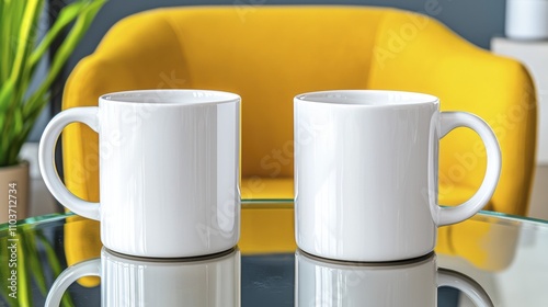 Two White Coffee Mugs Mockup, Yellow Chair | Minimalism photo