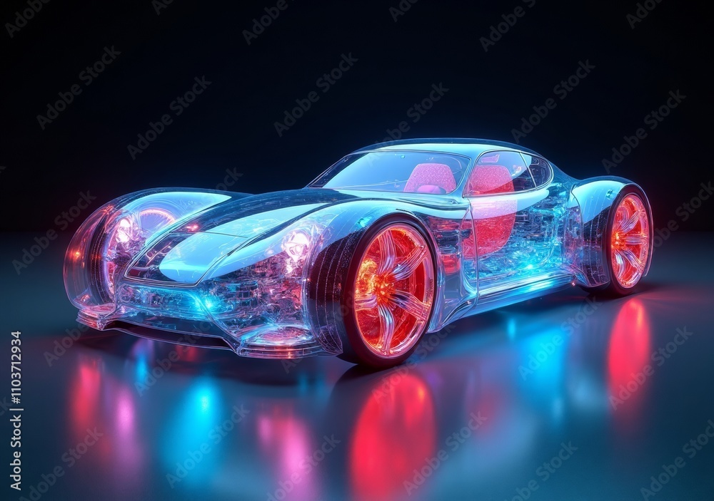 Futuristic sports car design with neon lights and transparent body elements Futuristic sports car design with neon lights and transparent body elements