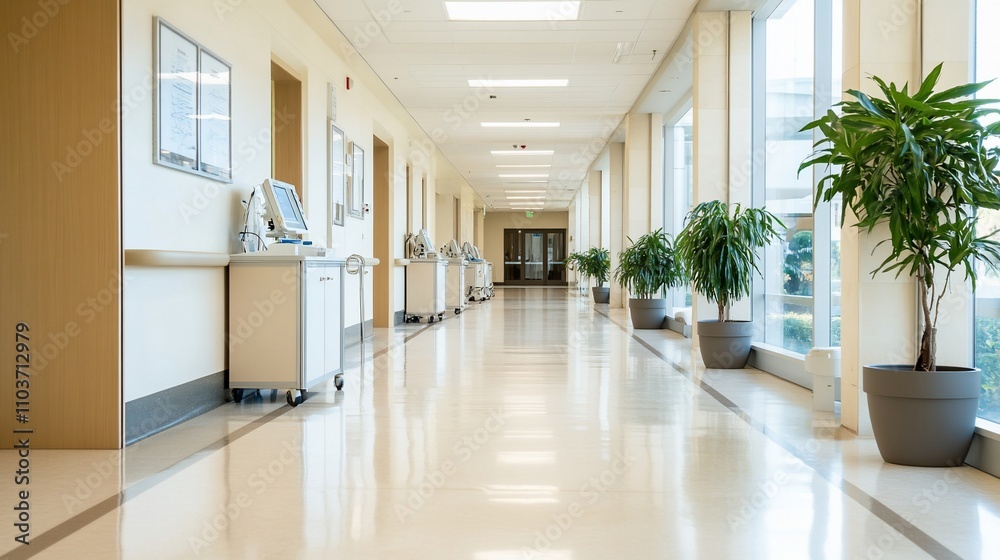 Modern hospital corridor with bright lighting, clean floors, plants, and medical equipment. Modern hospital corridor with bright lighting, clean floors, plants, and medical equipment.