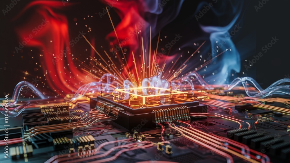 Fototapeta premium Neon-lit electronic circuitry with glowing sparks