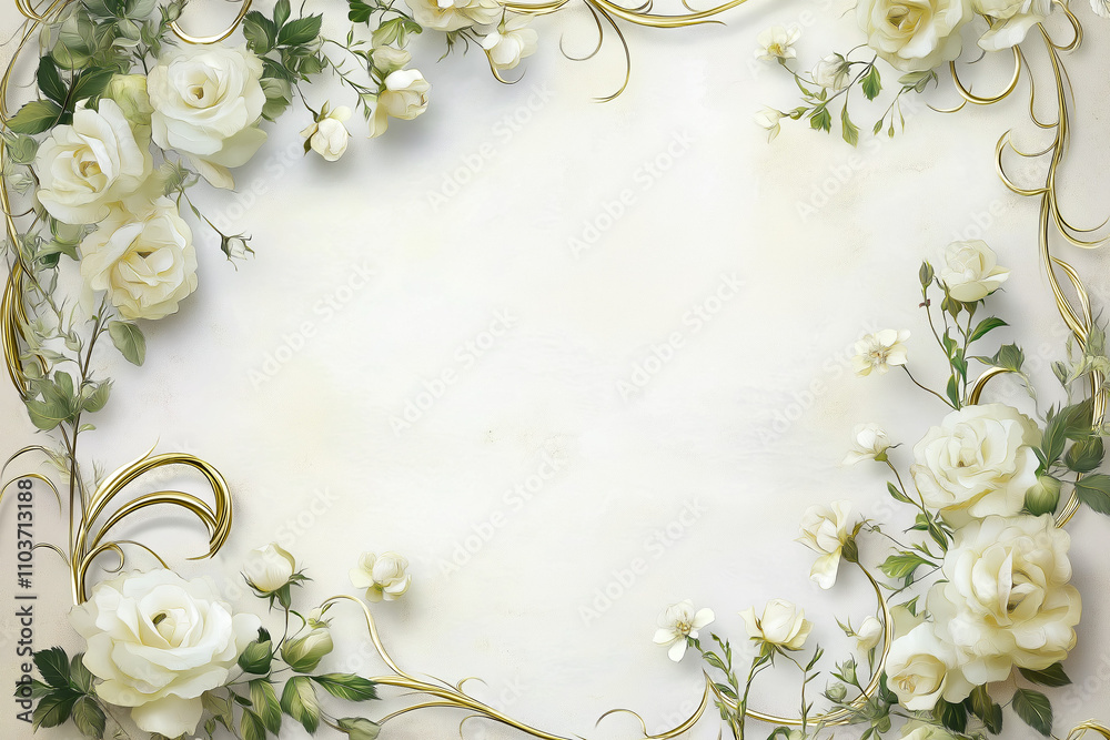 Elegant Floral Wedding Frame with White Roses and Gold Accents Elegant Floral Wedding Frame with White Roses and Gold Accents