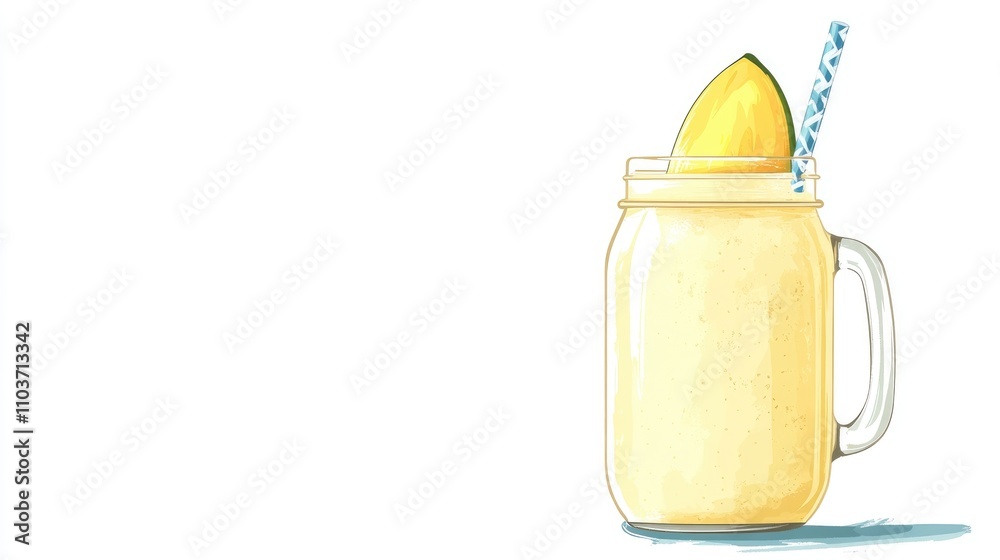 Mango milkshake in a mason jar with a blue and white striped straw, garnished with a half mango, set against a clean white background. Mango milkshake in a mason jar with a blue and white striped straw, garnished with a half mango, set against a clean white background.