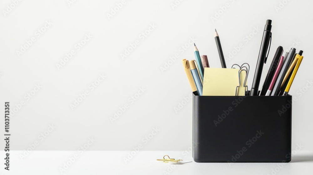 Organized Workspace with Pencils and Pens in a Black Holder