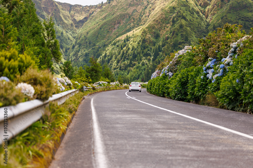 Driving car on the beautiful road in Sete Cidades. Sao Miguel island, Azores, Portugal Driving car on the beautiful road in Sete Cidades. Sao Miguel island, Azores, Portugal