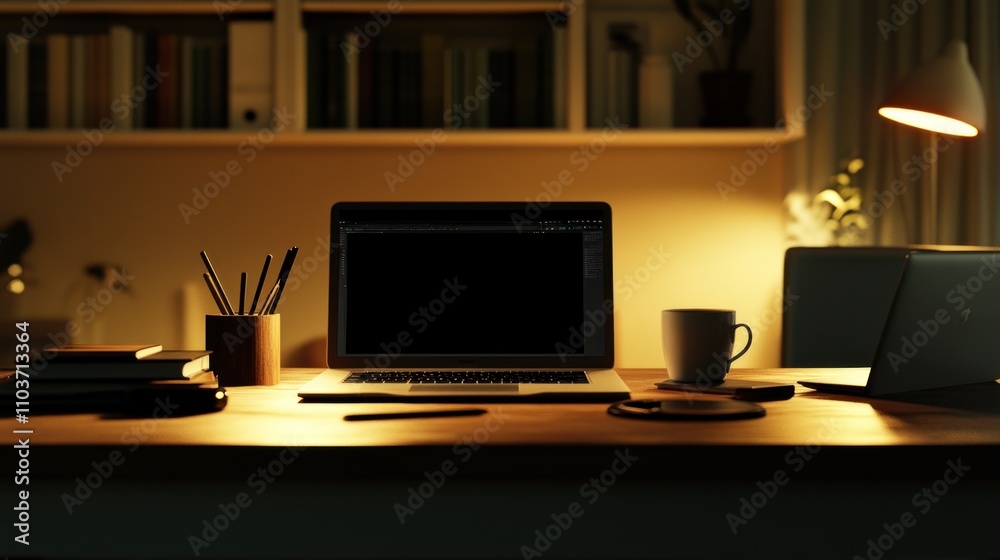 Night Workspace Laptop Desk 3D Illustration Night Workspace Laptop Desk 3D Illustration