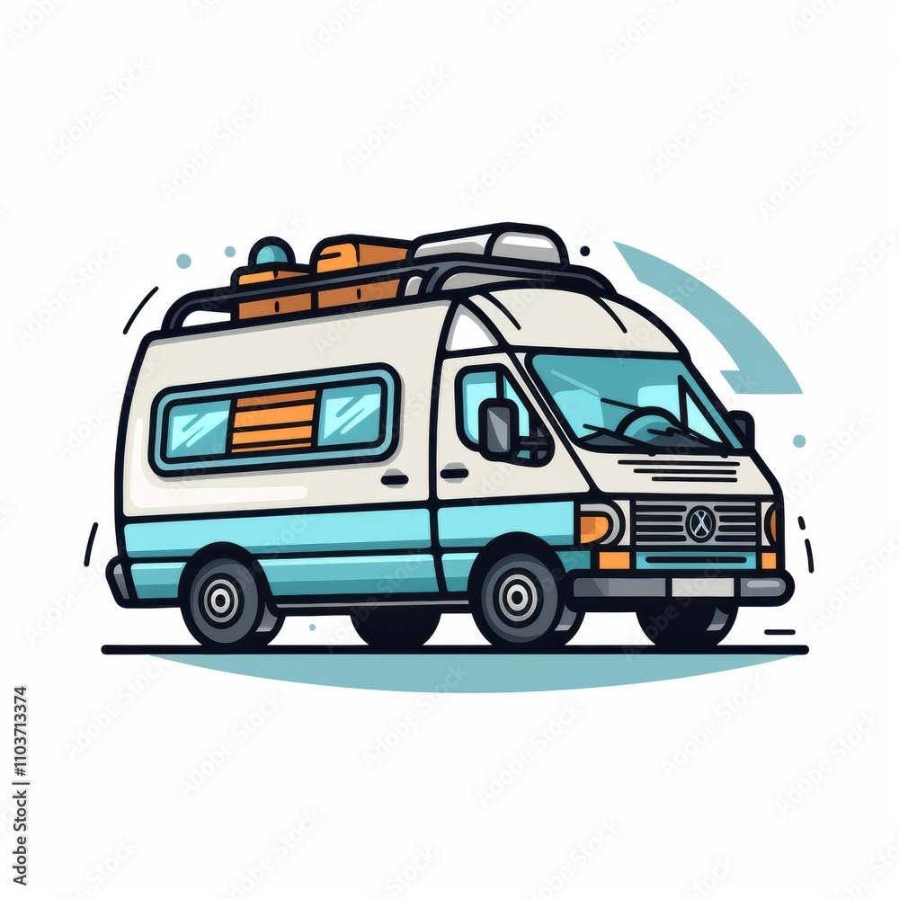 Colorful and Playful Illustrated Camper Van with Luggage on Roof Perfect for Travel and Adventure Themes in Stock Photography Colorful and Playful Illustrated Camper Van with Luggage on Roof Perfect for Travel and Adventure Themes in Stock Photography