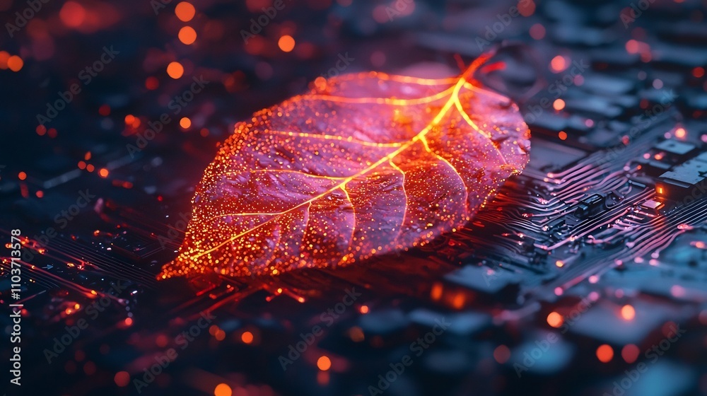 Glowing Robotic Leaf Floating in a Sea of Neon Circuits