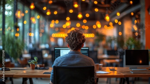 Young Professional Working at a Modern Desk with Warm Ambient Lighting in a Cozy Office Space, Focused on Computer Screen with Creative Vibes photo