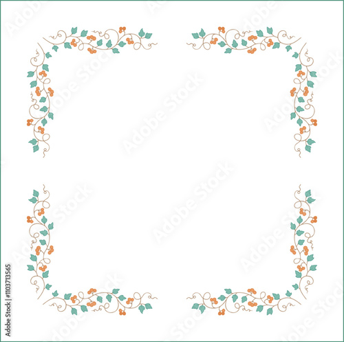 Vegetal green floral frame with orange berries, autumn frame, decorative corners for greeting cards, banners, business cards, invitations, menus. Isolated vector illustration.	
