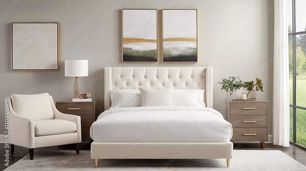 Elegant modern bedroom with cozy armchair and large windows offering natural light and comfort. Elegant modern bedroom with cozy armchair and large windows offering natural light and comfort.