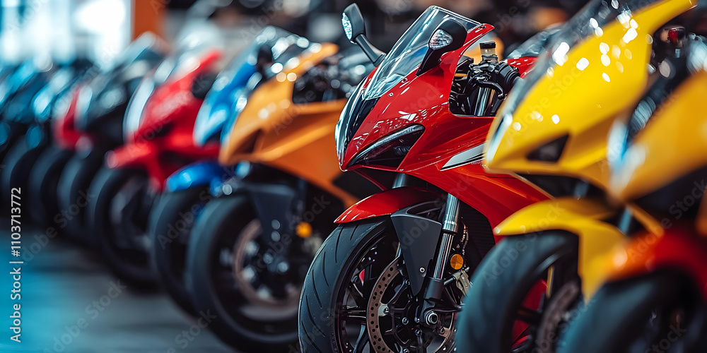 Fototapeta premium Vibrant Sportbikes Showroom, Sleek Motorcycles Displayed in a Row, Showcasing Colorful Designs and Powerful Engines.