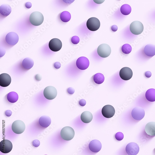 A vibrant design filled with purple and gray spheres casting soft shadows on a light pink background.