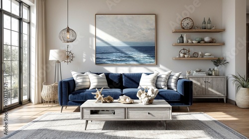 Coastal-inspired living room with blue sofa and matching abstract art. Minimalist decor includes neutral shelving with nautical accents photo