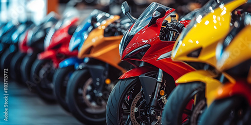 Vibrant Sportbikes Showroom, Sleek Motorcycles Displayed in a Row, Showcasing Colorful Designs and Powerful Engines. photo