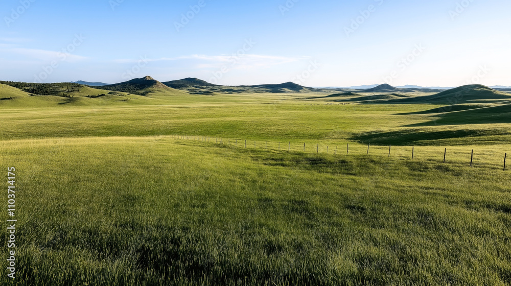 Vast green grassland landscape with gentle rolling hills under a clear blue sky, featuring a wire fence running through the foreground Vast green grassland landscape with gentle rolling hills under a clear blue sky, featuring a wire fence running through the foreground