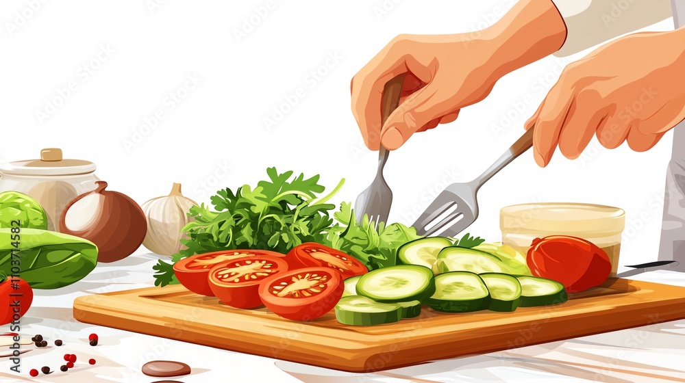 a 2D cartoon illustration of a person preparing a healthy meal with fresh ingredients, nutritious and balanced, white background--ar 16:9 a 2D cartoon illustration of a person preparing a healthy meal with fresh ingredients, nutritious and balanced, white background--ar 16:9