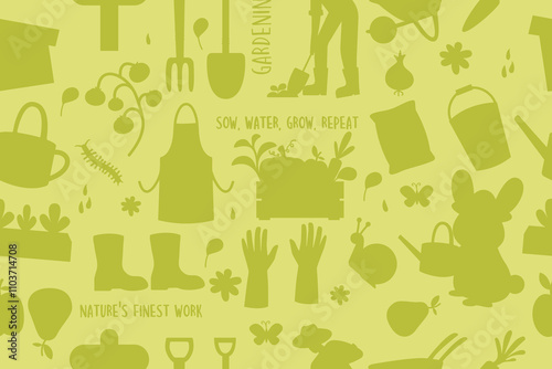 Seamless green silhouette pattern garden hand drawn