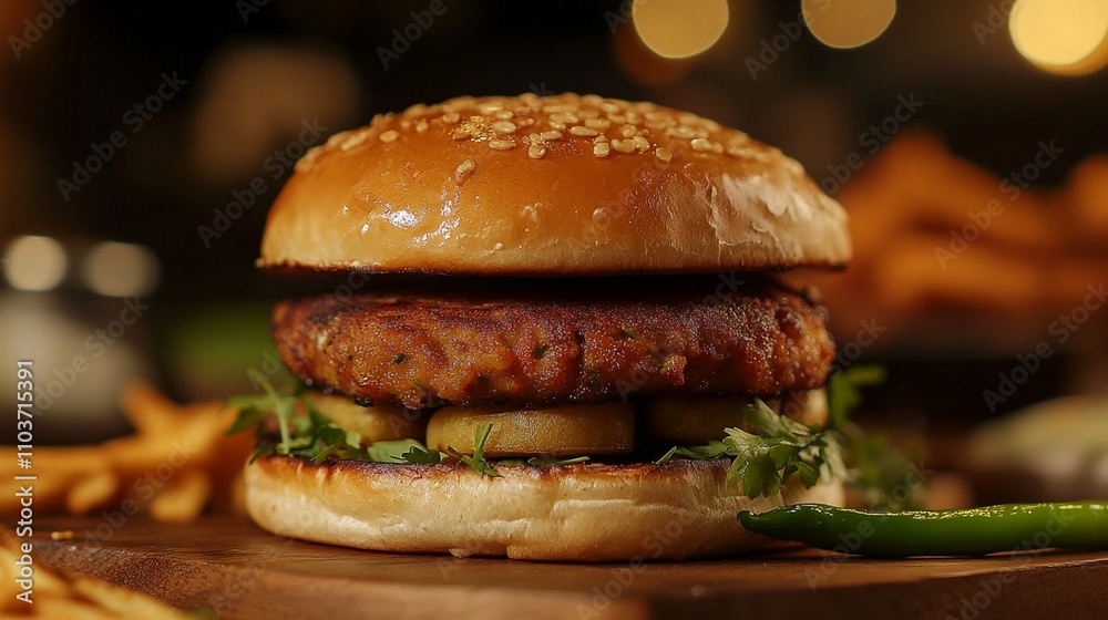 A delicious vada pav, with a spicy potato patty stuffed in a bun, served with garlic chutney and green chilies. A delicious vada pav, with a spicy potato patty stuffed in a bun, served with garlic chutney and green chilies.