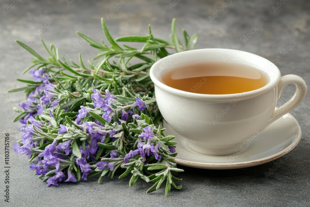 Rustic winter scene featuring fresh rosemary tea salvia rosmarinus Rustic winter scene featuring fresh rosemary tea salvia rosmarinus