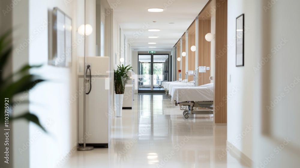 Modern hospital corridor with empty beds. Modern hospital corridor with empty beds.