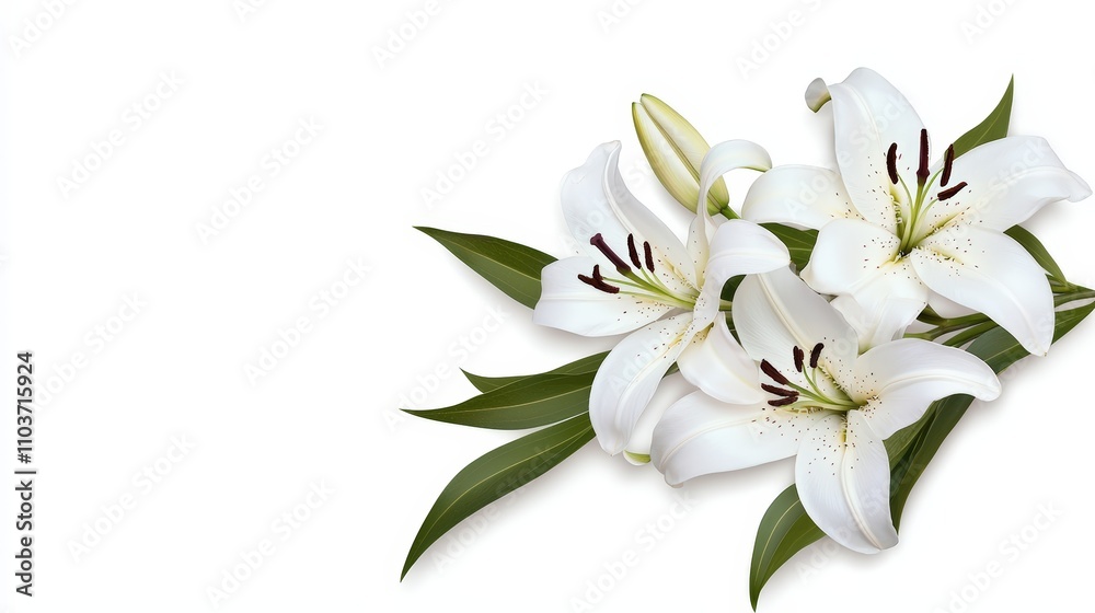 Obraz premium A beautiful arrangement of white lilies with green leaves, perfect for celebrations, weddings, or as a symbol of purity and elegance.