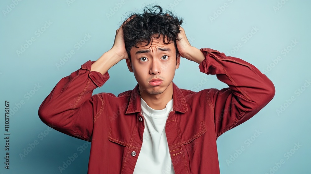 Frustrated Young Man in Red Jacket Frustrated Young Man in Red Jacket