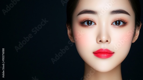 A sleek advertising billboard featuring a Thai woman with luminous, flawless skin, with a subtle dark background of a Japanese woman, ideal for beauty product campaigns 