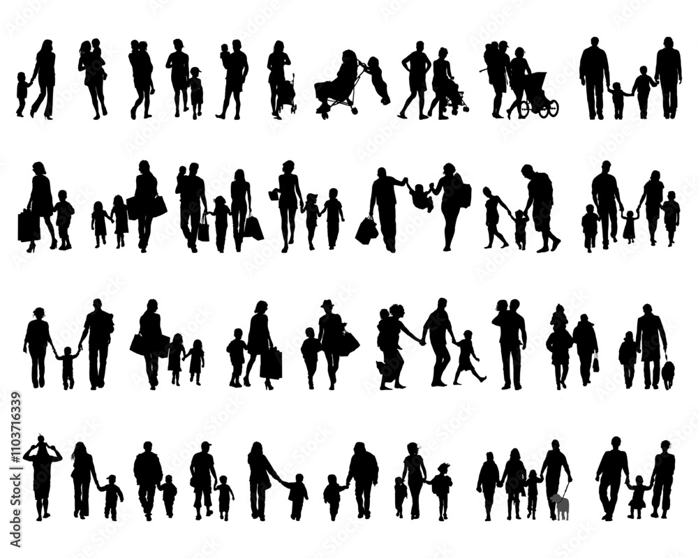 Fototapeta premium Black silhouettes of families in walk on a white background 