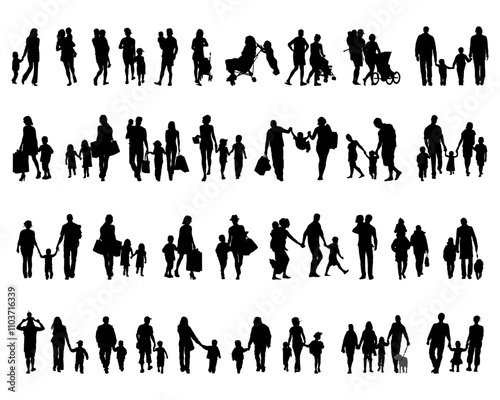Black silhouettes of families in walk on a white background	